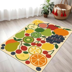 Colorful Fruit Pattern Rug with Kiwi Orange Lemon Lime and Cherries, Fun Kitchen Carpet for Summer Vibes and Juicy Interior Style
