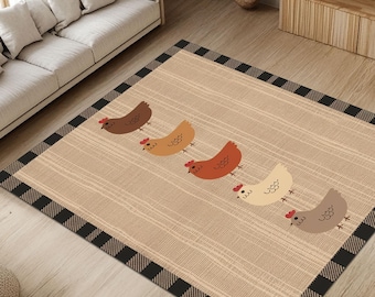 May include: A beige and black checkered rug with a repeating pattern of five brown, orange, and white chickens. The chickens are facing right and have red combs and wattles.