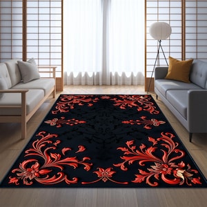 Red Baroque Area Rug, Ornate Floral Scroll Carpet with Black Base, Gothic Elegant Living Room Rug, Dramatic Pattern Washable Anti-Slip Mat