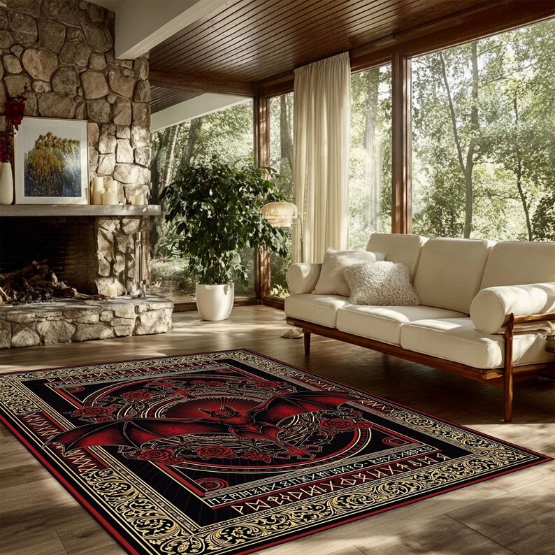 May include: A rectangular area rug with a dragon design. The rug features a black background with a red dragon in the center, surrounded by roses and gold accents. The rug is placed on a wooden floor in a living room.