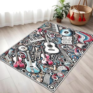 Alfombra de instrumentos musicales para habitación de adolescente - Alfombra artística colorida con guitarra y piano - Alfombra con estampado digital para amantes de la música - Decoración antialérgica y lavable