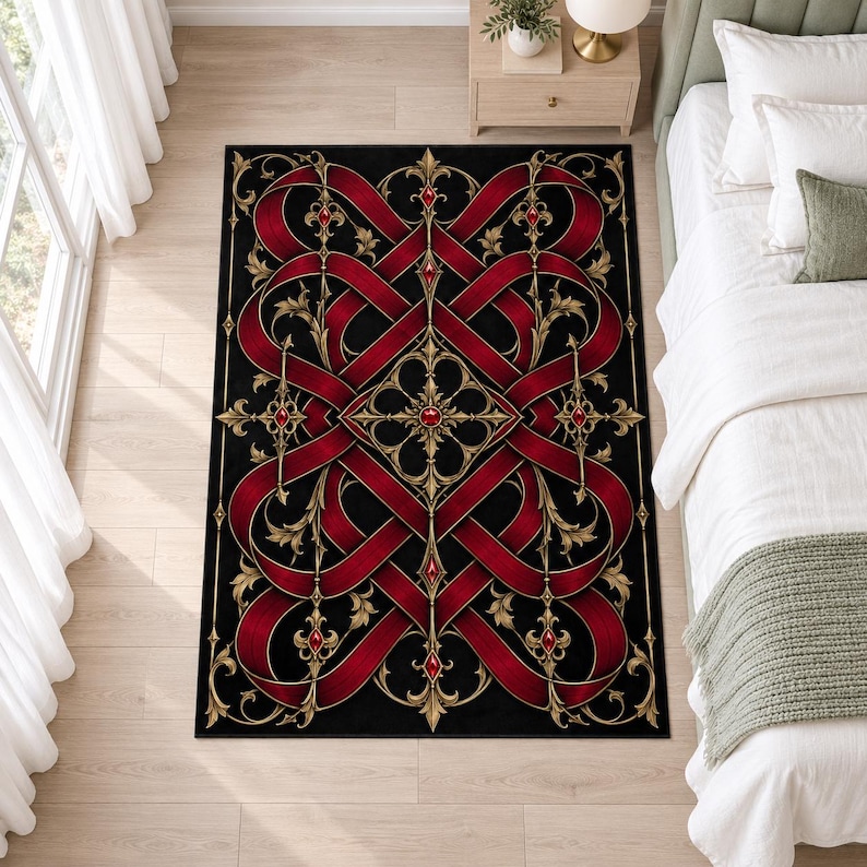 Gothic Ribbon Area Rug, Burgundy and Black Geometric Knots With Gold ...