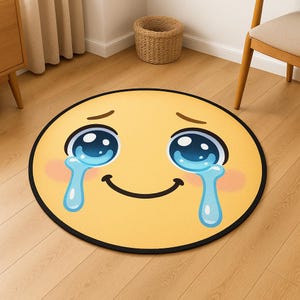 Dywan Emoji, dywanik z płaczącym śmiechem, okrągły dywanik z kreskówek, zabawna mata podłogowa z twarzą, wystrój pokoju dziecięcego, żółty dywanik z wyrazem, dywanik akcentujący do pokoju zabaw