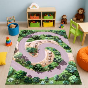 Kids Jungle Road Rug, Forest Track Play Mat, Adventure Car Game Mat,For Boys Room, Washable Nursery Camping Rug With Trees For Toddler Decor