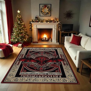 May include: A rectangular area rug with a gothic bat design in red and black. The rug features a central bat image with outstretched wings, surrounded by roses and ornate patterns. The border is a cream color with decorative elements.