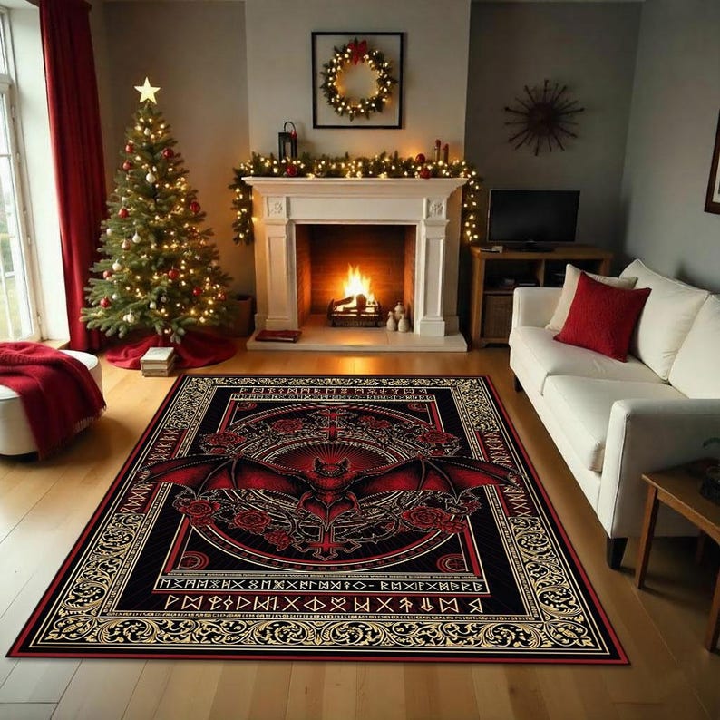 May include: A rectangular area rug with a gothic bat design in red and black. The rug features a central bat image with outstretched wings, surrounded by roses and ornate patterns. The border is a cream color with decorative elements.