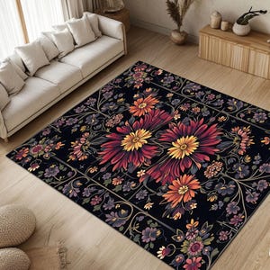 Elegant Black Floral Rug with Romantic Red Blooms – Traditional Botanical Carpet Design for Living Rooms, Bedrooms or Vintage Interiors