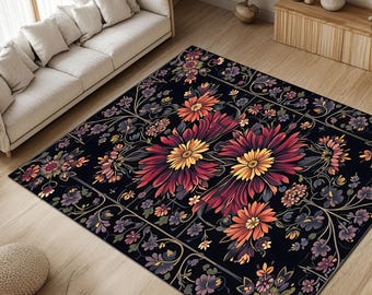 Elegant zwart bloementapijt met romantische rode bloemen – Traditioneel botanisch tapijtontwerp voor woonkamers, slaapkamers of vintage interieurs