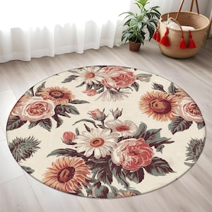 Round Floral Rug With Vintage Sunflowers, Daisies And Peonies On Cream Background, Romantic Botanical Carpet For Elegant Bedroom Or Entryway