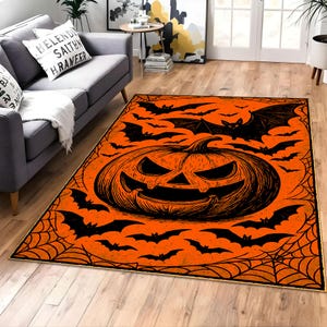 Tappeto di Halloween, tappeto a forma di zucca e pipistrello, tappeto arancione spettrale, tappeto a forma di zucca di Halloween, tappeto per feste autunnali, tappeto a forma di pipistrello, tappeto a forma di ragnatela