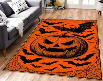 Halloween rug, pumpkin bat mat, orange spooky carpet, jack o lantern rug, halloween decor mat, fall party rug, batdecor rug, spiderweb rug