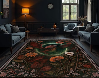 Gothic Dragon Rug, Dark Fantasy Carpet, Mythical Creature Area Rug, Dragon and Floral Gothic Decor, Unique Living Room and Bedroom Carpet