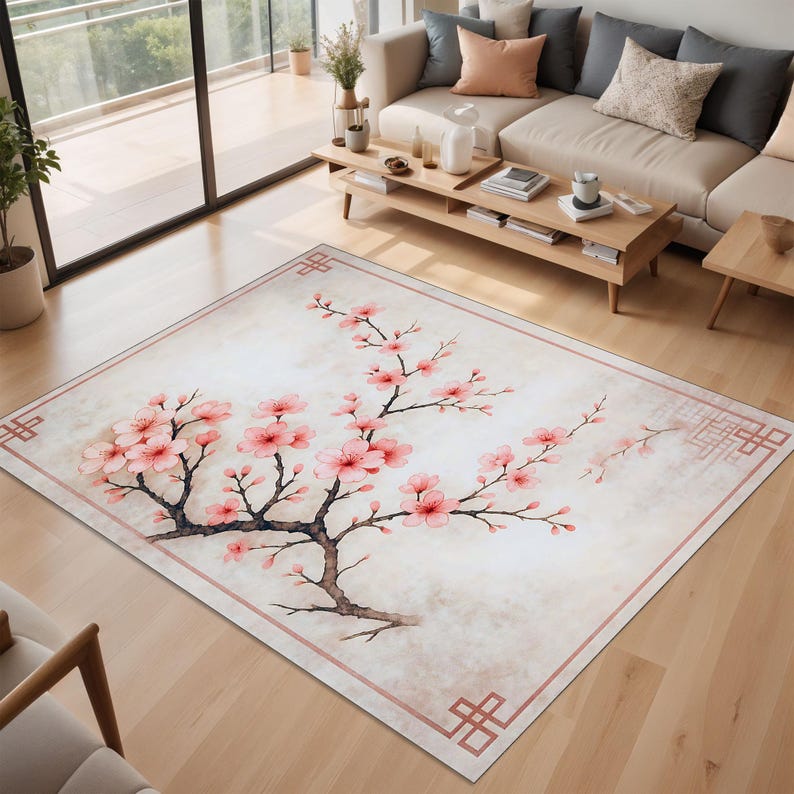 Op de afbeelding: Rechthoekig vloerkleed met een bloemenontwerp. Het vloerkleed heeft een aquarelachtige weergave van een kersenboom met roze bloemen en bruine takken. Het vloerkleed heeft een lichtbeige achtergrond en een roze rand.