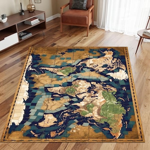 Tapis numérique carte du monde | Décoration de sol géographique de style mosaïque dans des tons bleus et beiges | Tapis inspiré du voyage pour la décoration d'un bureau, d'un bureau ou d'un salon