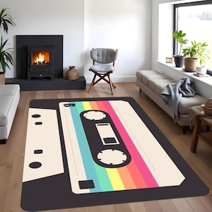 Retro Cassette Tape Rug, Cassette Tape Themed Rug, Nostalgic Cassette Tape Rug, Vibrant and Nostalgic Design, Perfect  Rug for Music Lovers