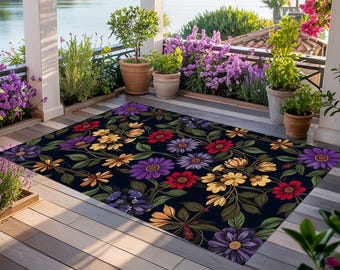 Floral Rug, Black Base Carpet, Colorful Daisy Rug, Outdoor Indoor Mat, Botanical Boho Style, Garden Patio Decor, Purple Red Yellow Flowers