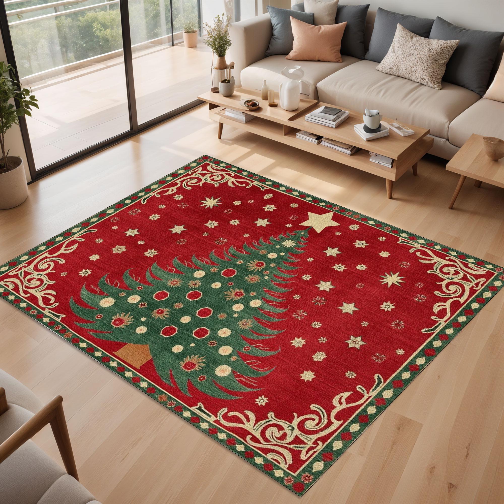 Red Green Plaid Christmas Rug, Washable Tartan Holiday Carpet