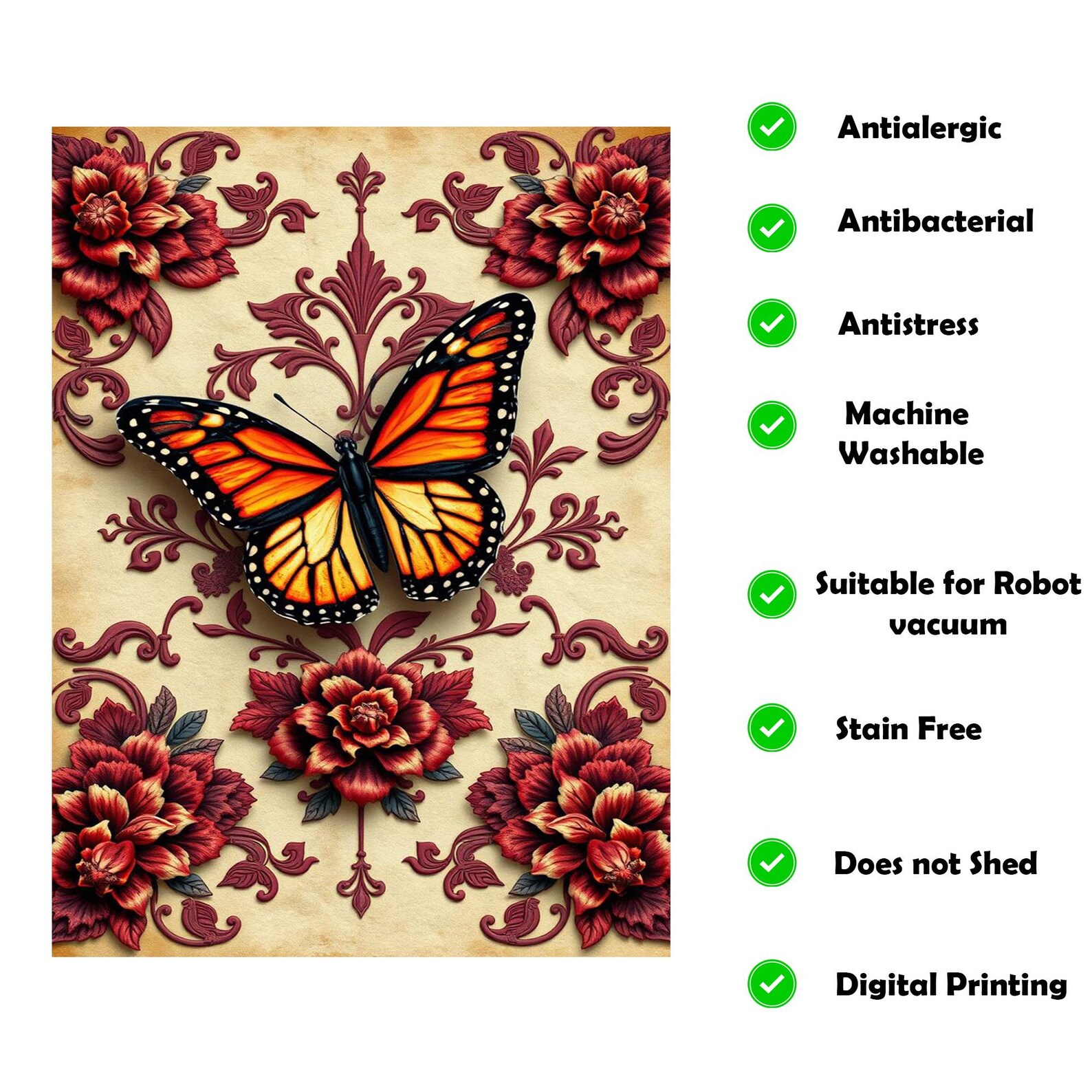 Hug Rug Butterflies Butterfly Rug, Floral Frame Rug, Beige Classic Mat, Orange Monarch ...
