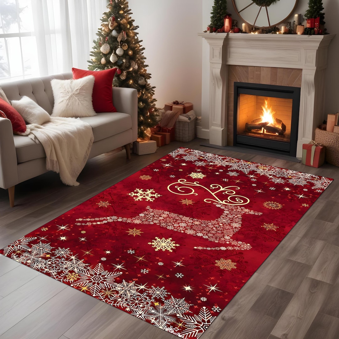 Deer Rug, Snowflake Christmas Rug, Red Deer Rug Festive Christmas Rug ...