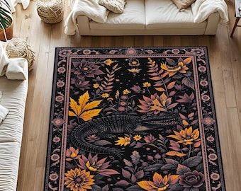 Gothic Floral Crocodile Rug With Mystical Botanical Art, Dark