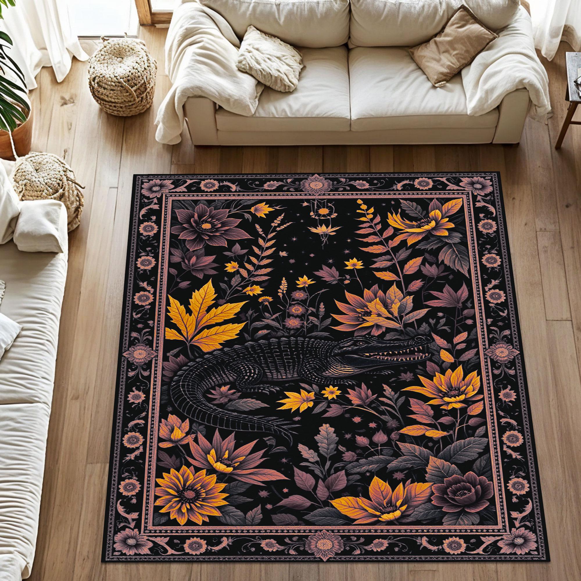 Gothic Floral Crocodile Rug With Mystical Botanical Art, Dark
