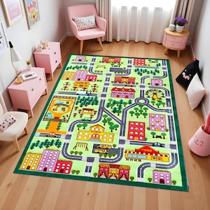 Educatief en leuk stadstapijt, kleurrijk stadstapijt, kleurrijk stadstapijt voor kinderen, kinderkamertapijt, kinderkamerdecor, speelkamertapijt