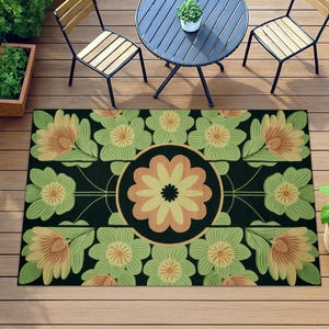 Dark Floral Rug, Vintage Botanical Carpet, Green Beige Rug, Rustic Patio Decor, Outdoor Floral Mat, Garden Style Rug, Bold Flower Carpet