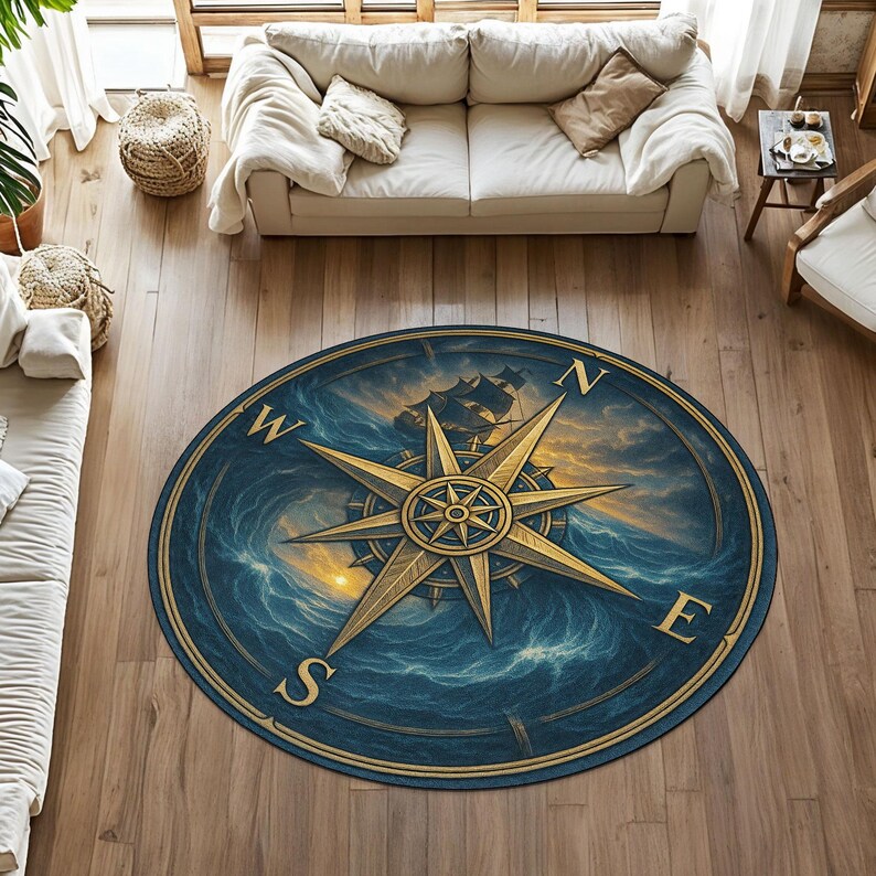 Blue Compass Rug Compass Rose Round Rug, Nautical Area Rug, Ocean Theme Carpet, Navy ...
