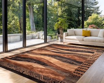 Tribal vloerkleed aardetinten abstract ontwerp, modern etnisch vloerkleed voor slaapkamer of woonkamer met bruine en zwarte patronen