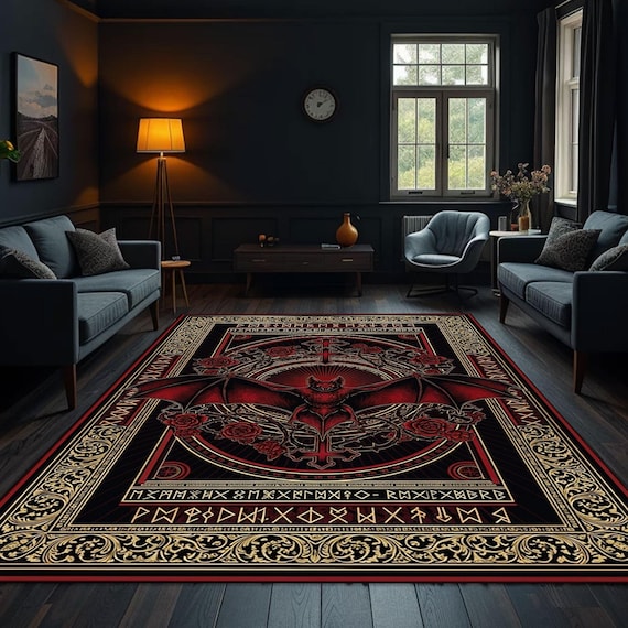 Gothic Bat Rug, Red Black Occult Carpet with Demon Baroque Design, Dark Fantasy Area Rug, Mystical Gothic Decor for Living Room and Bedroom