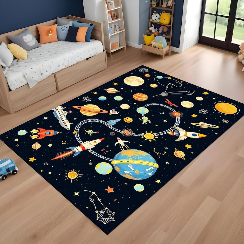 Space Reading Rug Solar System Rug With Rockets and Planets – Kids Educational Space Play ...