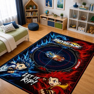 May include: A rectangular area rug featuring a Beyblade theme with a central stadium graphic, two spinning tops, and two anime characters. The design includes blue and red color schemes, the Beyblade logo, and the text Let it Rip! on a black background.