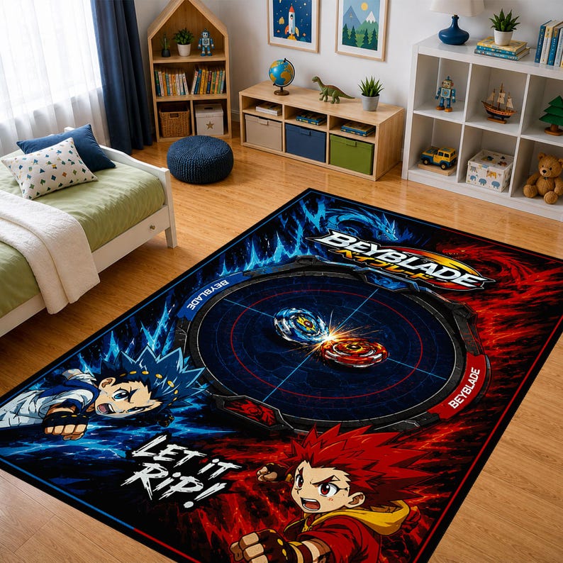 May include: A rectangular area rug featuring a Beyblade theme with a central stadium graphic, two spinning tops, and two anime characters. The design includes blue and red color schemes, the Beyblade logo, and the text Let it Rip! on a black background.