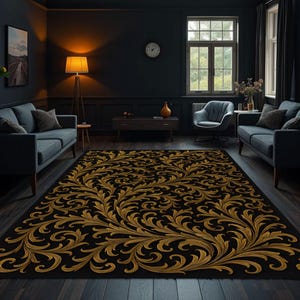 May include: A rectangular area rug featuring a black background with a prominent gold-colored scrolling acanthus leaf pattern that extends across the entire surface. The intricate botanical design creates a continuous flowing motif.