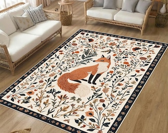 Fuchsteppich mit floralem botanischem Muster, Teppich für Wohnzimmer, Schlafzimmer und Cottage-Stil