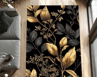 Zwartgouden botanisch vloerkleed, luxe gebloemd vloerkleed, modern elegant tapijt, statement woondecoratietapijt