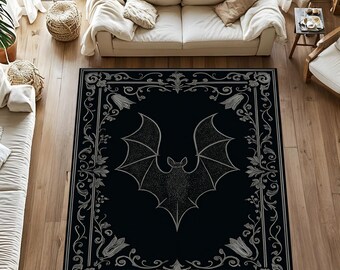 Gothic Bat Rug, Black Halloween Area Rug, Witch Decor Carpet, Occult Room Mat, Alternative Bat Wings Rug, Spooky Witchy Home Decor
