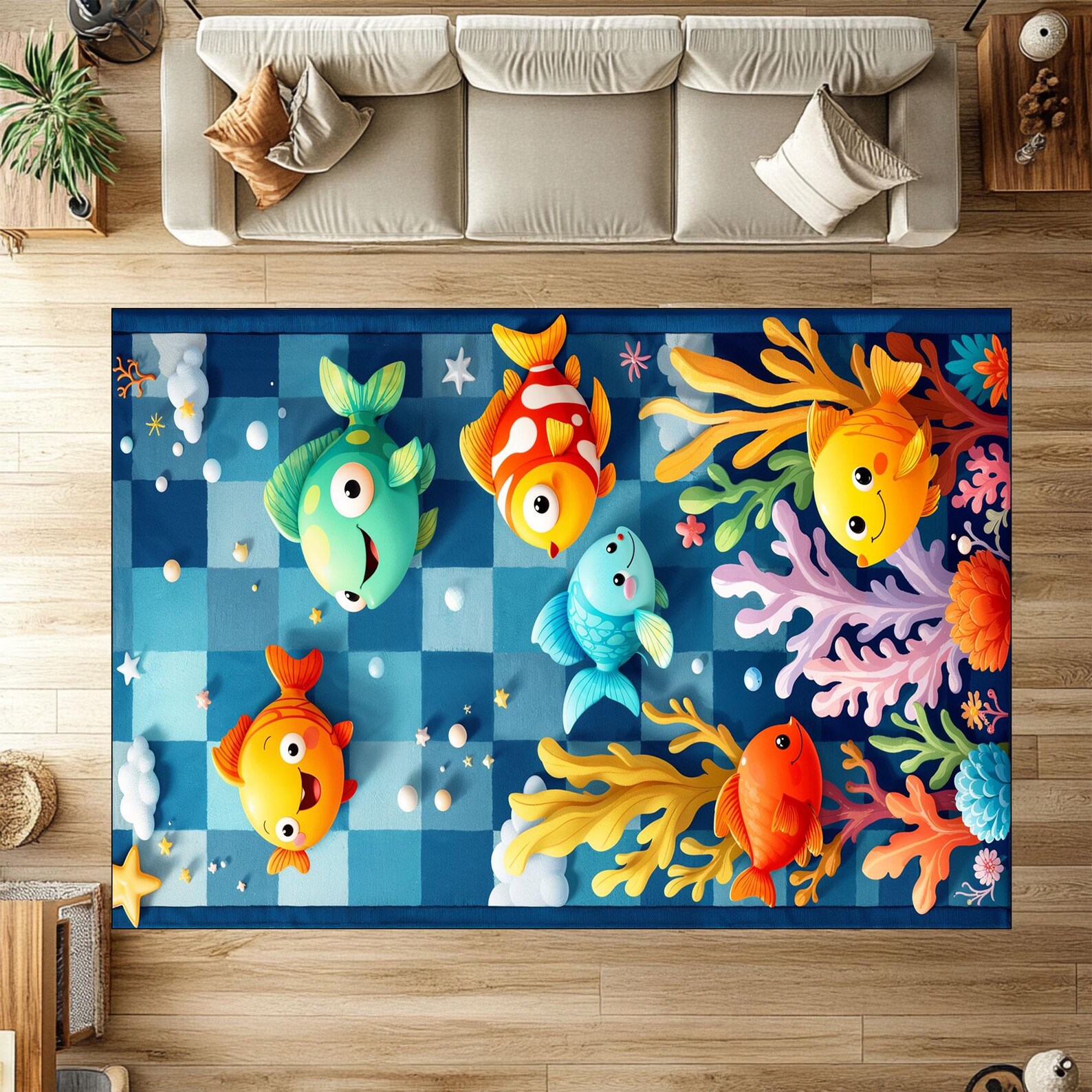 Ocean Adventure Fish Rug – Colorful Coral Reef Kids Playroom Carpet ...