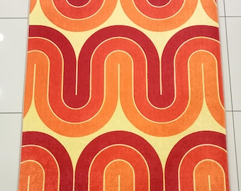 Retro Style Orange-Yellow Curved Pattern Rug, Retro Wave Rug, Modern Retro Orange and Yellow Rug, Retro Home Decor, Colorful Rug