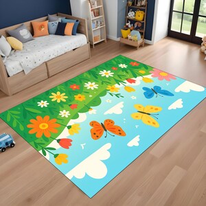 Kinderteppich Schmetterling Teppich Kleinkind Blumenmatte Bunt Spielzimmer Teppich Weich Baby Bodenmatte Frühling Wiese Teppich Kinderzimmer Dekor