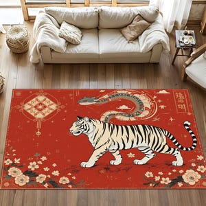 Red Tiger Rug with Floral Details and Oriental Symbols, Bold Asian-Inspired Carpet for Statement Living Rooms and Eclectic Interiors