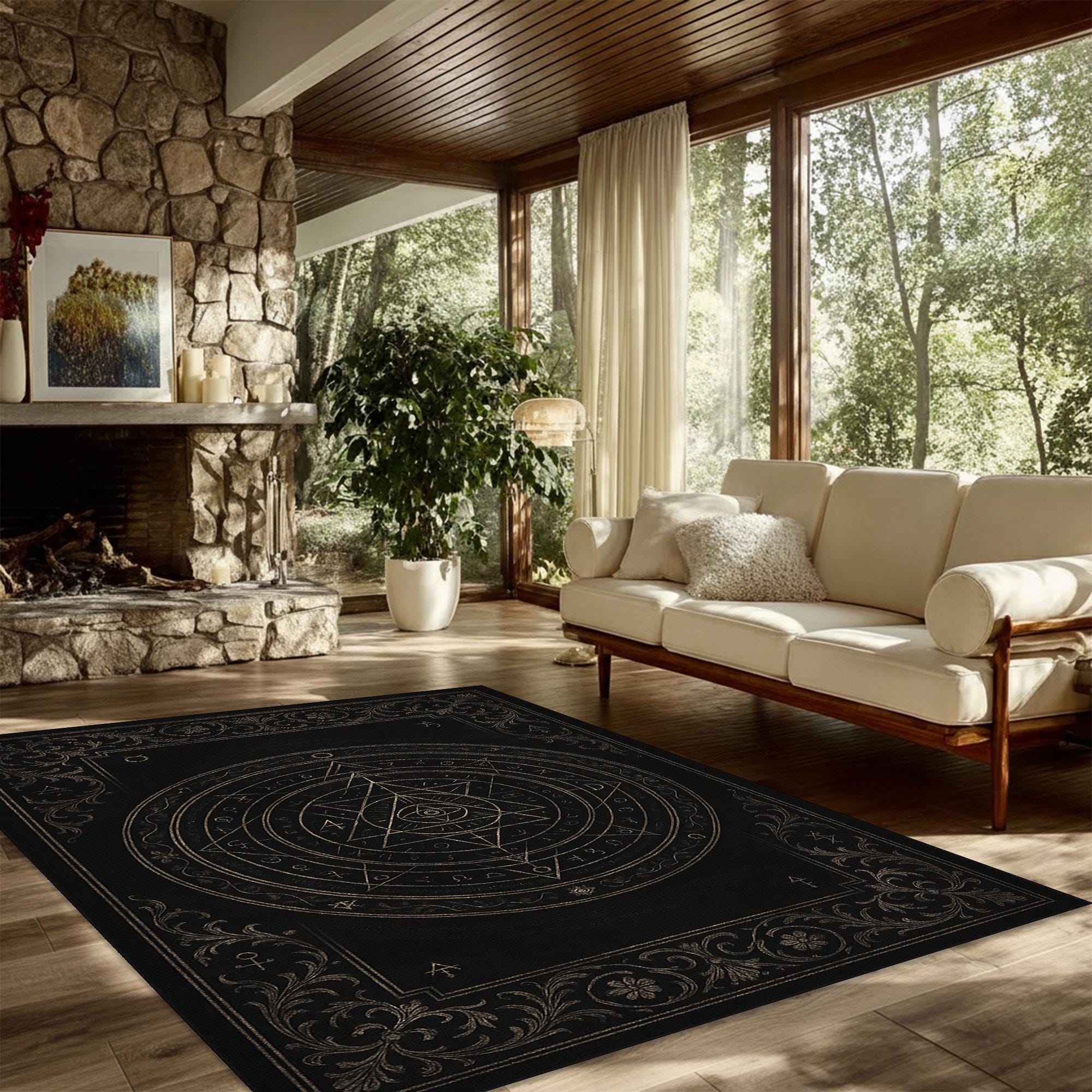 Mystical Black Rug With Occult Symbols Alchemy Circle Gothic Witchcraft ...