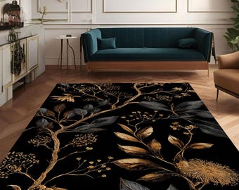 Zwartgouden botanisch tapijt, bloemenvloertapijt met elegante tak- en bladillustratie voor woonkamer, slaapkamer en stijlvol interieur