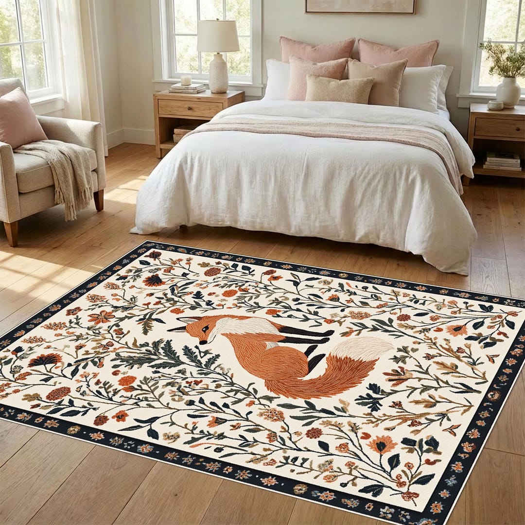 Texture Fox Hunt Rug Fox Rug With Floral Botanical Pattern, Woodland Animal Area Carpet for ...