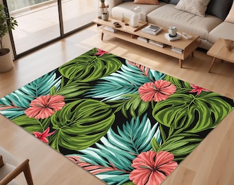 Tropical rug, botanical carpet, jungle leaf mat, hibiscus flower decor, vibrant summer rug, tropical plant floor art, green pink rug