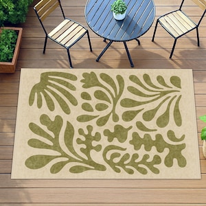 Blattteppich, Terrasse Matte, Beige Grün Teppich, Natur Bodenteppich, Botanische Matte, Waschbar Gartenteppich, Veranda Dekor Teppich, Balkonmatte