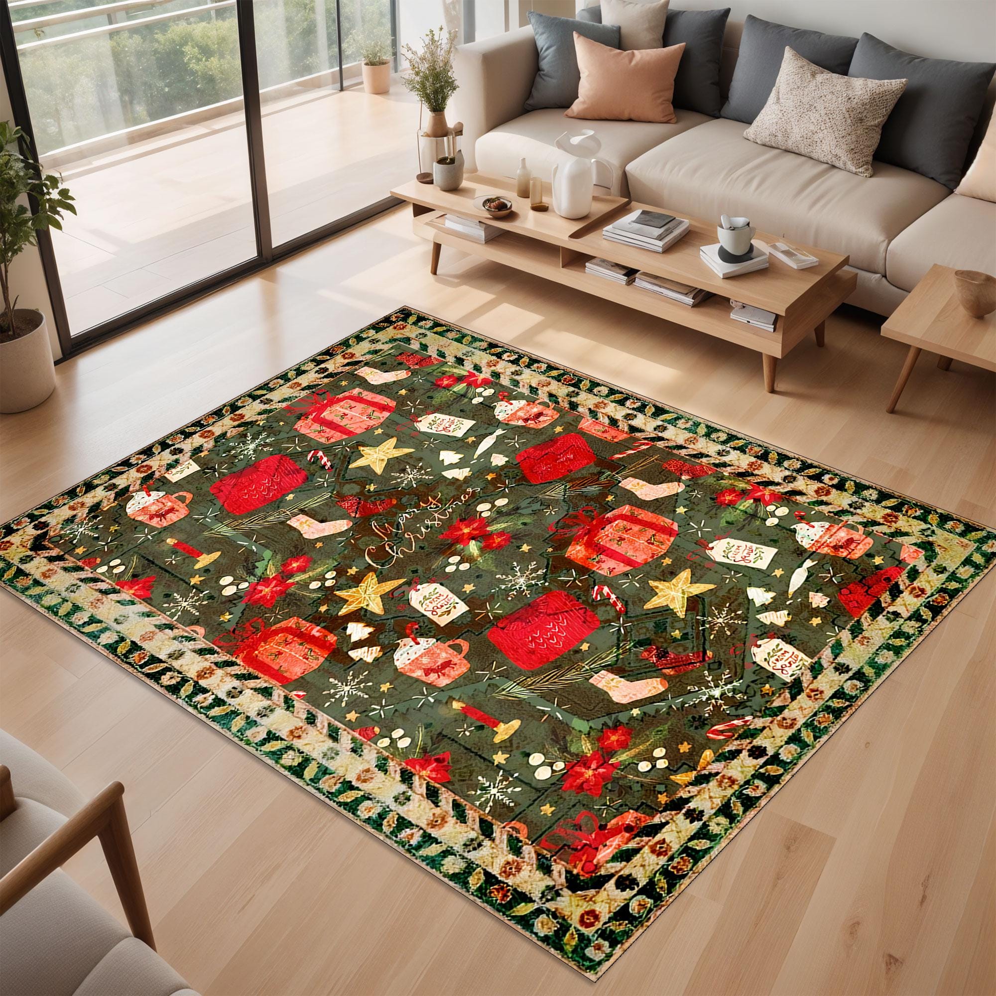Red Green Plaid Christmas Rug, Washable Tartan Holiday Carpet