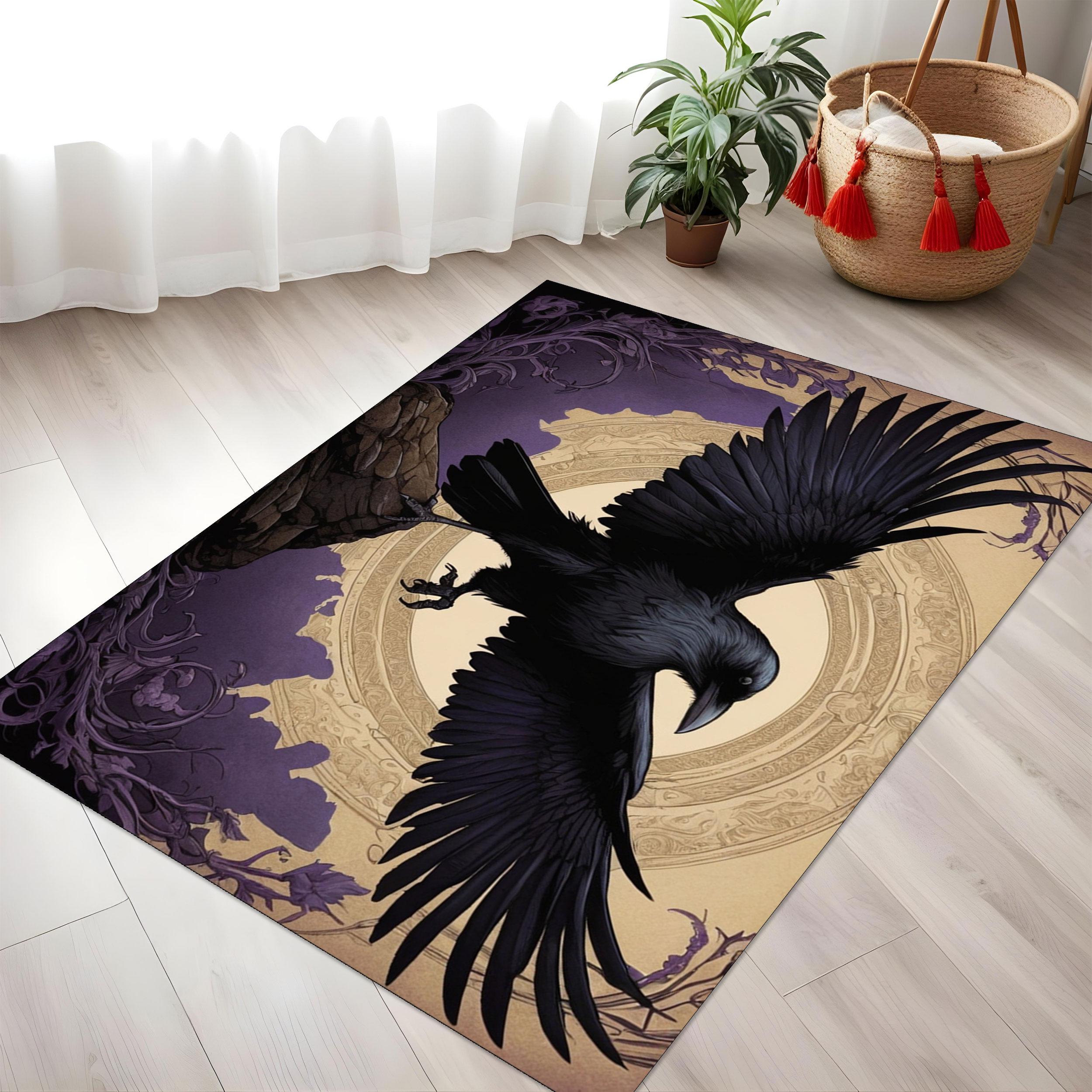 Gothic Raven Rug With Flying Crow and Baroque Moon Motif, Dark Academia ...