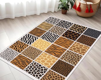 Dywan safari, dywan z nadrukiem zwierzęcym, dywan z zebrą i lampartem, patchwork z tygrysem i żyrafą, wystrój boho z motywem dżungli, eklektyczna mata podłogowa, dywan o egzotycznej fakturze