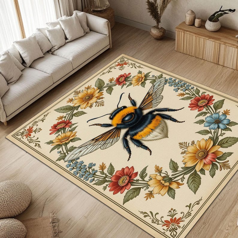 Bee Rug, Floral Border Rug, Vintage Nature Carpet, Cozy Cream Rug ...